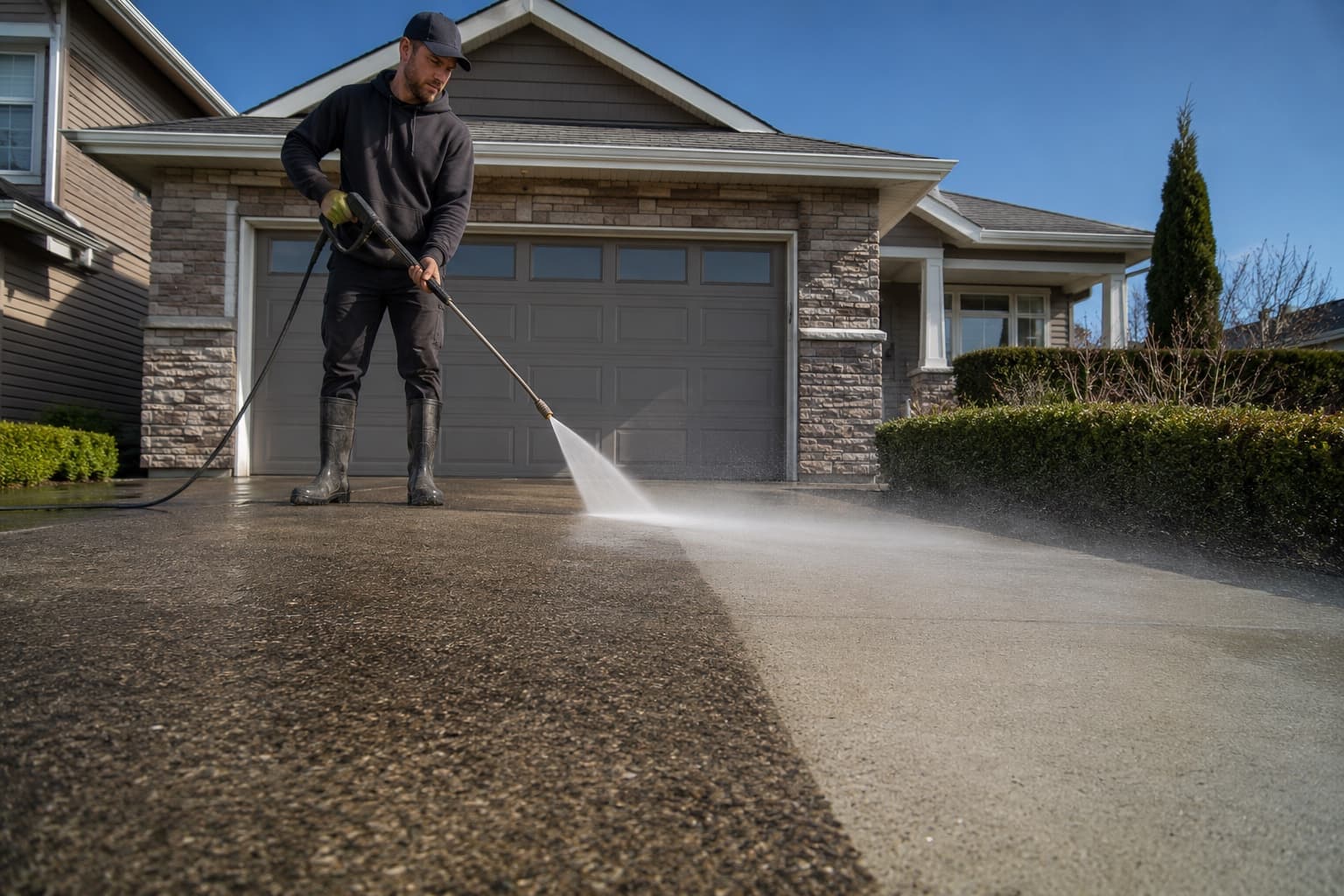 Pressure washer cutting a clean line across a concrete driveway